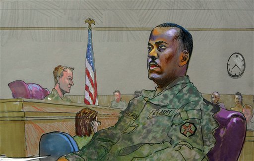 
 This courtroom sketch shows Army Reserve Sgt. Rashad Valmont during military hearing Monday, Aug. 30, 2010 at Fort McPherson, Ga. Attorney William Cassara, not shown, said Valmont was dehydrated, exhausted and delirious when he burst into Master Sgt. Pedro Mercado's office in nearby Fort Gillem in June and shot him six times. (AP Photo/Richard Miller)
 
