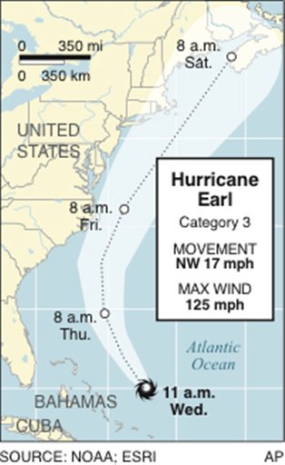 
 Graphic shows the location and projected path of Hurricane Earl as of 11 a.m., Wednesday
 