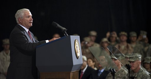 
 US Secretary of Defense Robert Gates speaks during the US Forces-Iraq change of command ceremony in Baghdad, Wednesday Sept. 1, 2010, as a new US military mission in Iraq was launched ending seven years of combat.(AP Photo/Jim Watson, pool)
 