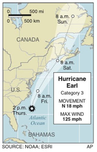 
 Graphic shows the location and projected path of Hurricane Earl as of 2 p.m. EDT, Thursday
 