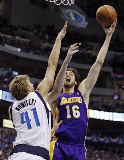 dirk nowitzki shooting over lakers. Los Angeles Lakers#39; Pau Gasol