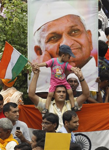 supporter of anti-corruption activist Anna Hazare, portrait seen ...