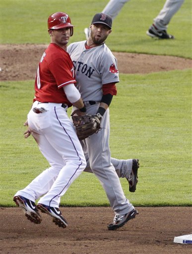 Young and Boston Red Sox second baseman Dustin Pedroia, right, collide ...