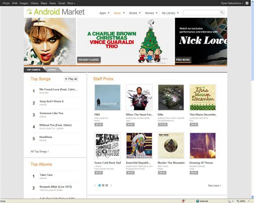 
 This screen shot provided by Google.com, shows a page from Google Music. Google Music works best with an Android phone or tablet computer. You simply download the Google Music app to your device. Voila, your songs will be available for streaming. You can save songs for offline playback by �pinning� them with a digital push pin icon. (AP Photo.Google.com)
 