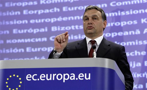 
 FILE - In this Nov. 17, 2010 file photo, Hungarian Prime Minister Victor Orban speaks during a media conference at EU Headquarters in Brussels, Belgium. Hungary's democratic credentials are under scrutiny as it prepares to assume the EU presidency Saturday, with some critics accusing its leadership of creeping authoritarianism more suited to Belarus than Budapest. (AP Photo/Virginia Mayo, File)
 