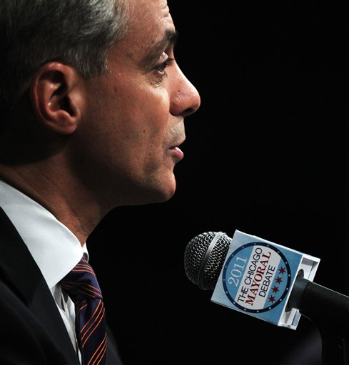 Chicago mayoral candidate Rahm Emanuel participates in a debate with other 