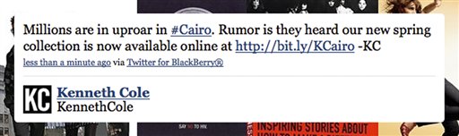 
 In this screen shot taken from the Twitter page of Kenneth Cole, a tweet posted on Thursday, Feb. 3, 2011 is shown. (AP Photo) NO SALES; EDITORIAL USE ONLY
 