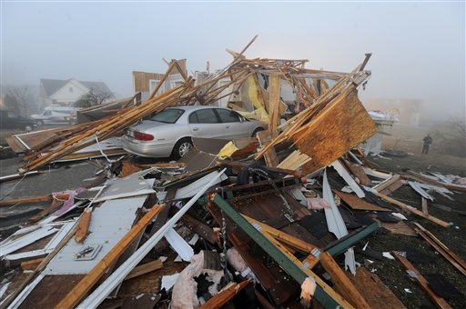 
 Extensive tornado damage in Dexter, Mich. is seen Friday, March 16, 2012. Initial estimates indicate the tornado that hit Dexter, northwest of Ann Arbor, Thursday evening was packing winds of around 135 mph, National Weather Service meteorologist Steven Freitag said Friday. (AP Photo/Detroit News, Daniel Mears) DETROIT FREE PRESS OUT; HUFFINGTON POST OUT MAGS OUT MANDATORY CREDIT
 