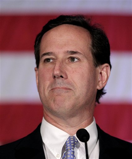 
 Republican presidential candidate, former Pennsylvania Sen. Rick Santorum, talks to reporters while campaigning in West Bend, Wis., Sunday, April 1, 2012. (AP Photo/Jae C. Hong)
 