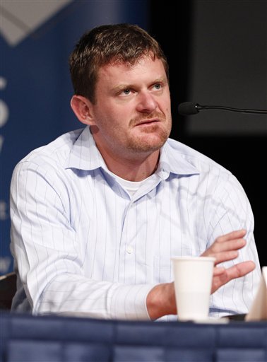 
 Floyd Landis attends a press conference in Geelong, Australia, Tuesday, Sept. 28, 2010 ahead of the road cycling world championships. Disgraced U.S. cyclist Landis says he waited almost four years to reveal his doping because he knew once he'd admitted lying, he would not be believed about the widespread use of performance enhancing drugs in the sport. (AP Photo/Rob Griffith)
 
