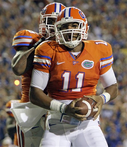 
 Florida tight end Jordan Reed (11) celebrates a 1-yard touchdown run with teammate center Mike Pouncey during the first half of an NCAA college football game against LSU in Gainesville, Fla., Saturday, Oct. 9, 2010.(AP Photo/John Raoux)
 