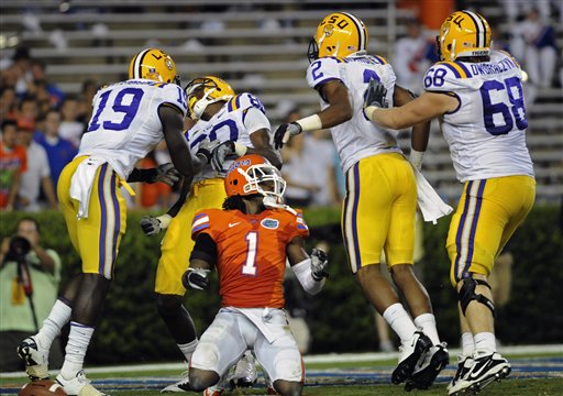 
 LSU's Terrence Toliver (80), celebrates a 38-yard touchdown pass play with teammates Deangelo Peterson (19), Rueben Randle (2), and Josh Dworaczyk (68) in front of Florida's Janoris Jenkins (1) during the first half of an NCAA college football game in Gainesville, Fla., Saturday, Oct. 9, 2010.(AP Photo/Phil Sandlin)
 