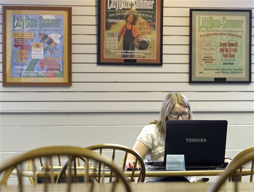 
 Ohio State student Lindsey Long, of Hilliard, uses the wi-fi connection at Grandview Heights Public Library Wednesday, Sept. 1, 2010, in Grandview Heights, Ohio. Long does research for her thesis at the Grandview Library. (AP Photo/Jay LaPrete)
 