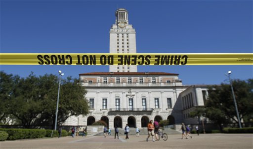 
 Crime scene barrier tape is seen on the University of Texas campus near the scene where a gunman opened fire then killed himself inside a library, Tuesday, Sept. 28, 2010 in Austin. The UT clock tower is seen in the background.(AP Photo/Eric Gay)
 