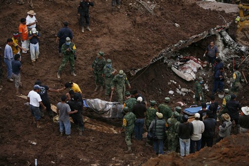 
 People carry the body of a landslide victim as another body lies in the bed of a home that collapsed in Santa Maria de Tlahuitoltepec in Oaxaca state, Mexico, Wednesday Sept. 29, 2010. A hillside collapsed on the town in the rain-soaked southern state of Oaxaca. (AP Photo/Miguel Tovar)
 