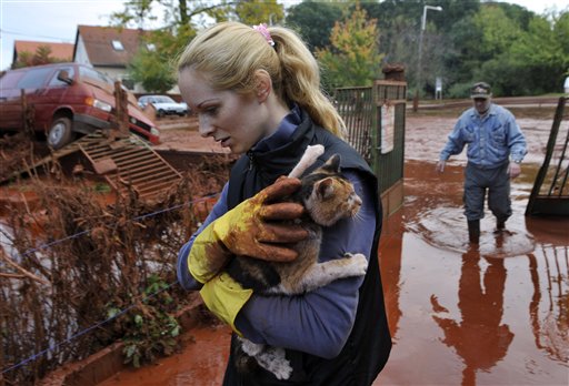 
 Tunde Erdelyi, left, saves her cat while Janos Kis, right, walks into their yard flooded by toxic mud in the town of Devecser, Hungary, Tuesday, Oct. 5, 2010. Monday's flooding was caused by the rupture of a red sludge reservoir at an alumina plant in western Hungary and has affected seven towns near the Ajkai Timfoldgyar plant in the town of Ajka, 100 miles (160 kilometers) southwest of Budapest. (AP Photo/Bela Szandelszky)
 