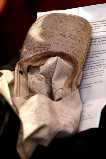 
 The hat used by missing hiker, Ed Rosenthal, to write down his last requests and final instructions in the event of his death while he was lost in Joshua Tree National Park, during a news conference Tuesday Oct. 5, 2010 in Los Angeles. (AP Photo/Damian Dovarganes)
 