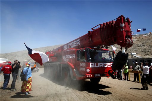 
 A giant crane arrives to be used in the rescue operation of 33 trapped miners at the San Jose mine near Copiapo, Chile, Wednesday Oct. 6, 2010. Thirty-three miners have been trapped deep underground in the copper and gold mine since it collapsed on Aug. 5. (AP Photo/Natacha Pisarenko)
 