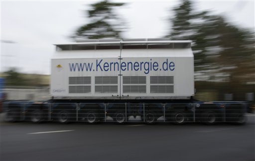 
 A flatbed trailer carrying Castors with nuclear waste arrives at the nuclear interim storage facility in Gorleben, Germany, Tuesday, Nov. 9, 2010. A shipment of nuclear waste from France made it to a storage facility in northwestern Germany on Tuesday, after police worked through the night to clear a road blockade by more-than 3,000 protesters.(AP Photo/Ferdinand Ostrop)
 
