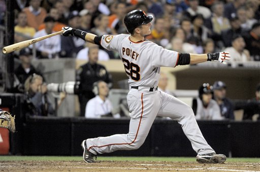 
 FILE-This Sept. 9, 2010 file photo shows San Francisco Giants Buster Posey, watching his two-run home run against the San Diego Padres during the fifth inning of a baseball game in San Diego. Posey won the National League Rookie of the Year award in voting announced Monday Nov. 15, 2010 by the Baseball Writers' Association of America. (AP Photo/Chris Carlson,File)
 