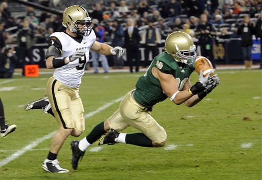 
 Notre Dame's Tyler Eifert, right, catches a 35-yard pass from quarterback Tommy Rees in front of Army's Steven Erzinger to put Notre Dame on Army's 1-yard line in the second quarter of an NCAA college football game at Yankee Stadium in New York, Saturday, Nov. 20, 2010. (AP Photo/Henny Ray Abrams)
 