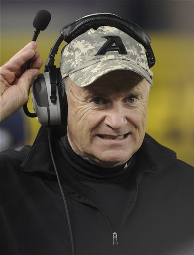 
 Army coach Rich Ellerson works the sidelines in the second quarter of an NCAA college football game against Notre Dame at Yankee Stadium in New York, Saturday, Nov. 20, 2010. (AP Photo/Henny Ray Abrams)
 