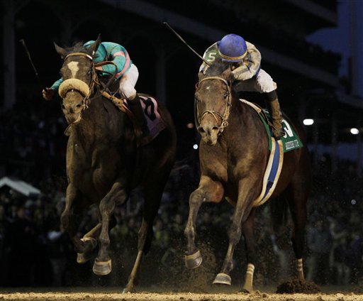 
 Garrett Gomez, right, rides Blame to victory during the Classic race at the Breeder's Cup horse races at Churchill Downs Saturday, Nov. 6, 2010, in Louisville, Ky. Mike Smith riding Zenyatta finished second. (AP Photo/David J. Phillip)
 