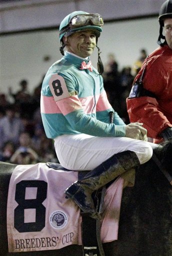 
 Mike Smith reacts after riding Zenyatta to a second place finish in the Classic race at the Breeder's Cup horse races at Churchill Downs Saturday, Nov. 6, 2010, in Louisville, Ky. (AP Photo/David J. Phillip)
 
