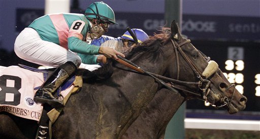 
 Mike Smith rides Zenyatta during the Classic race at the Breeder's Cup horse races at Churchill Downs Saturday, Nov. 6, 2010, in Louisville, Ky. (AP Photo/Morry Gash)
 