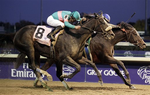 
 Garrett Gomez riding Blame beats Mike Smith riding Zenyatta (8)during the Classic race at the Breeder's Cup horse races at Churchill Downs Saturday, Nov. 6, 2010, in Louisville, Ky. (AP Photo/Morry Gash)
 