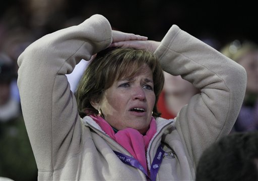 
 Garrett Gomez, right, reacts after riding Blame to victory during the Classic race at the Breeder's Cup horse races at Churchill Downs Saturday, Nov. 6, 2010, in Louisville, Ky. Mike Smith, left, riding Zenyatta finished second. (AP Photo/David J. Phillip)
 