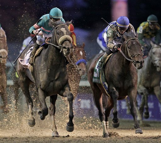 
 Garrett Gomez, right, rides Blame to victory during the Classic race at the Breeder's Cup horse races at Churchill Downs Saturday, Nov. 6, 2010, in Louisville, Ky. Mike Smith riding Zenyatta finished second. (AP Photo/David J. Phillip)
 