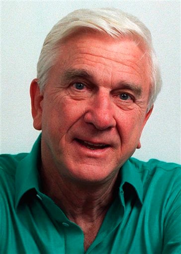
 FILE - This file photo taken in November 1991, shows actor Leslie Nielsen. The Canadian-born Nielsen, who went from drama to inspired bumbling as a hapless doctor in 'Airplane!' and the accident-prone detective Frank Drebin in 'The Naked Gun' comedies, has died. He was 84. His agent John S. Kelly says Nielsen died Sunday, Nov. 28, 2010, at a hospital near his home in Ft. Lauderdale, Fla., where he was being treated for pneumonia. (AP Photo/Doug Pizac, file)
 