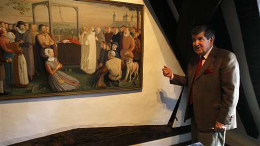 
 In this photo taken Thursday, Sept. 9, 2010, Lord Camoys speaking to the Associated Press at his country seat in Stonor, England. Camoys is standing in the roof of his home that was used as the 'Priest Hole', where Catholic priests would hide during the English Reformation during witch hunts by the Protestant authorities.(AP Photo/Alastair Grant)
 