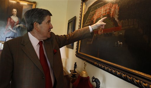 
 In this photo taken Thursday, Sept. 9, 2010, Lord Camoys speaking to the Associated Press, gestues at a 18th century painting of his country seat in Stonor, England. (AP Photo/Alastair Grant)
 