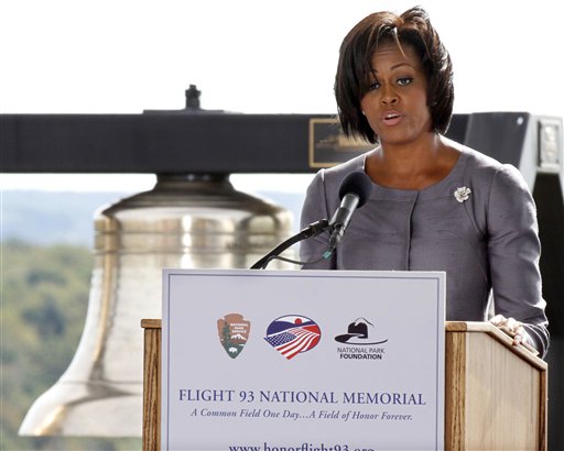
 First lady Michelle Obama speaks during a commemorative service at the temporary Flight 93 memorial in Shanksville, Pa., Saturday, Sept. 11, 2010. (AP Photo/Gene J. Puskar)
 