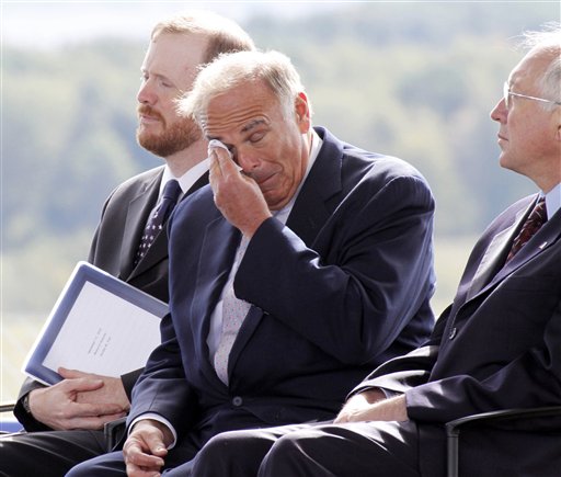 
 From left, Gordon W. Felt, president of the Families of Flight 93, Pennsylvania Gov. Ed Rendell, and Interior Secretary Ken Salazar listen as first lady Michelle Obama speaks during a commemorative service at the temporary Flight 93 temporary memorial in Shanksville, Pa., Saturday, Sept. 11, 2010. (AP Photo/Gene J. Puskar)
 