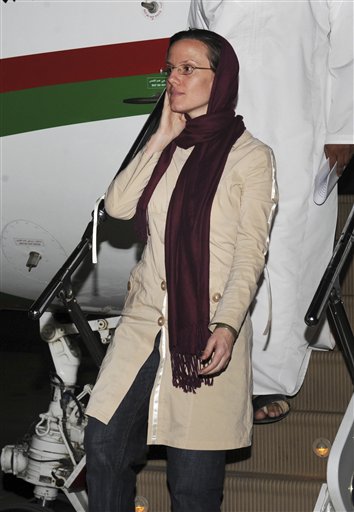 
 Sarah Shourd, 32, of the U.S., arrives at the royal airport in Muscat, Oman, after leaving Tehran, Iran, Tuesday, Sept. 14, 2010. The American woman released by Iran on Tuesday after more than a year in prison said she was grateful to Iran's president for her freedom shortly before she boarded a flight to the Gulf sultanate of Oman where her mother greeted her with a warm embrace. (AP Photo/Sultan al-Hasani)
 