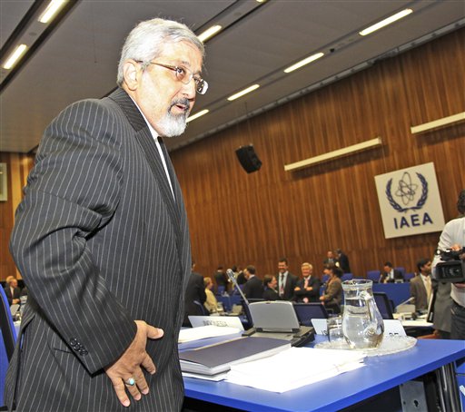 
 Iran's Ambassador to the International Atomic Energy Agency, IAEA, Ali Asghar Soltanieh waits before the start of the IAEA's board of governors meeting at the International Center, in Vienna, Austria, on Wednesday, Sept. 15, 2010. (AP Photo/Ronald Zak)
 