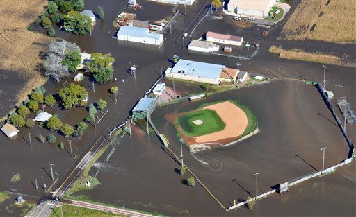 
 A flooded baseball field in the town of Renner, S.D., is shown in this aerial photograph from Sunday, Sept. 26, 2010. Dozens of homes flooded after the Big Sioux River overflowed. (AP Photo/Dirk Lammers)
 