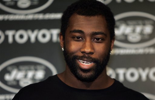 
 New York Jets Darrelle Revis talks to the media at the team's practice facility in Florham Park, NJ on Monday, Sept. 6, 2010. Revis had been holding out for a new contract since August 1 and agreed to terms late Sunday night. (AP Photo/Rich Schultz)
 