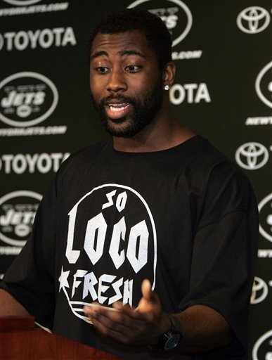 
 New York Jets Darrelle Revis talks to the media at the team's practice facility in Florham Park, NJ on Monday, Sept. 6, 2010. Revis had been holding out for a new contract since August 1 and agreed to terms late Sunday night. (AP Photo/Rich Schultz)
 