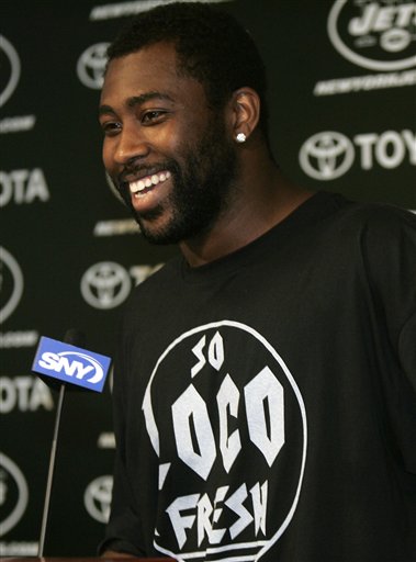 
 New York Jets Darrelle Revis talks to the media at the team's practice facility in Florham Park, NJ on Monday, Sept. 6, 2010. Revis had been holding out for a new contract since August 1 and agreed to terms late Sunday night. (AP Photo/Rich Schultz)
 