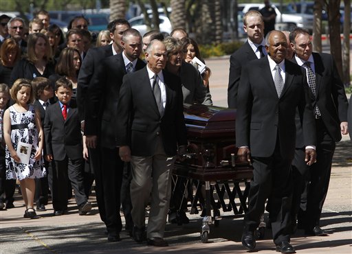 
 From left to right, pall bearers, current Minnesota Twins players Joe Nathan, Michael Cuddyer, former teammate Frank Quilici, current Twins player Justin Morneau, former teammate Tony Oliva, and Paul Molitor, lead the casket of baseball great Harmon Killebrew prior to the funeral services Friday, May 20, 2011, in Peoria, Ariz. (AP Photo/Ross D. Franklin)
 