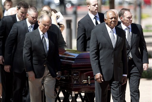 
 Pall bearers, from left, current Minnesota Twins players Joe Nathan, Michael Cuddyer, former teammate Frank Quilici, current Twins player Justin Morneau, Twins manager Ron Gardenhire, Paul Molitor, right, follow former Twins player Tony Oliva, as they lead the casket of baseball great Harmon Killebrew during the processional for his funeral at Christ's Church of the Valley, Friday, May 20, 2011, in Peoria, Ariz. (AP Photo/The Arizona Republic, David Wallace) ** MARICOPA COUNTY OUT; MAGS OUT; NO SALES )
 