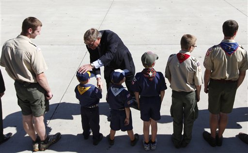 
 Jack Ford thanks scouts after the coffin of former first lady Betty Ford arrived at Gerald R. Ford International Airport in Cascade Township, Mich., Wednesday, July, 13, 2011. Ford will be buried in Grand Rapids, Mich., on Thursday next to her husband, former President Gerald R. Ford. (AP Photo/Paul Sancya)
 