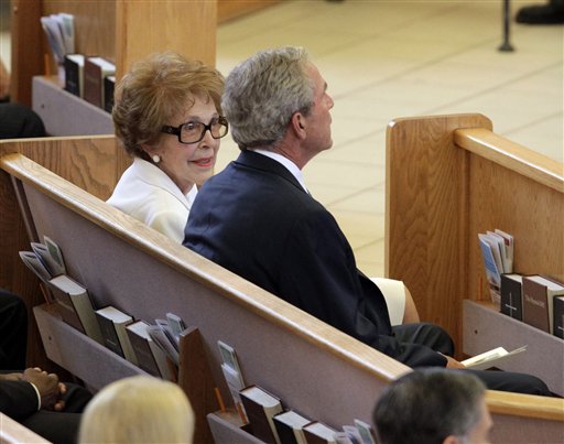 
 Former first lady Nancy Reagan, left, is joined by former President George W. Bush at the funeral for former first lady Betty Ford at St. Margaret's Episcopal Church Tuesday, July 12, 2011, in Palm Desert, Calif. (AP Photo/Jae C. Hong, Pool)
 