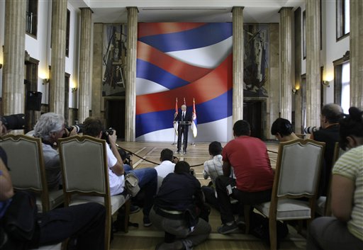
 Serbia's President Boris Tadic speaks during an urgent media conference, in Belgrade, Serbia, Wednesday, July 20, 2011. Tadic confirmed that Goran Hadzic, the country's last war crimes fugitive from the Balkan wars, has been arrested. (AP Photo/Darko Vojinovic)
 