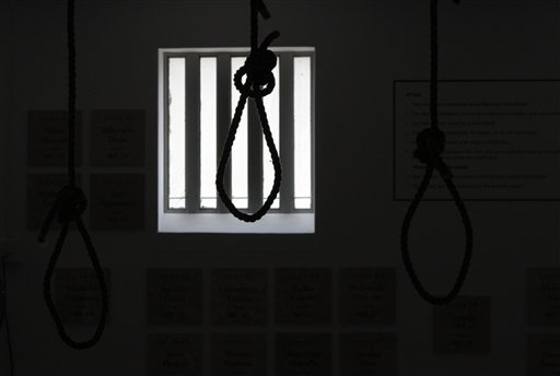 
 In this photo taken Thursday, Dec 8. 2011, a noose hangs in the gallows at the Pretroia Central Prison. The government opened the gallows, in Pretoria, South Africa, Thursday, Dec. 15, as a monument to those who were executed before being stopped in 1989 and abolished in 1995. (AP Photo/Denis Farrell)
 