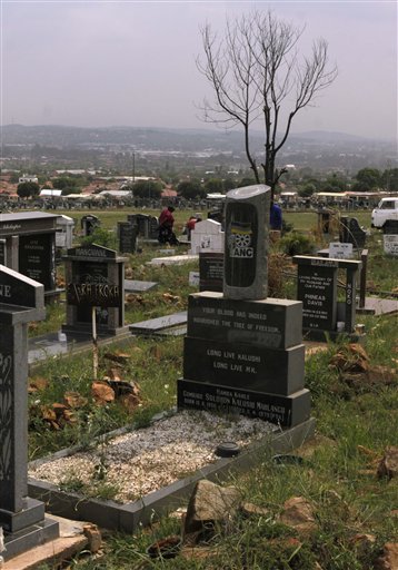 
 In this photo taken Thursday, Dec 8. 2011, a headstone marks the grave in the Mamelodi townhip, Pretoria, of the late Solomon Mahlangu, an anti-apartheid guerilla who was hanged on April 6, 1979. The government opened the gallows as a monument at Pretoria, South Africa, Thursday, Dec. 15, to those who were executed before being stopped in 1989 and abolished in 1995. (AP Photo/Denis Farrell)
 